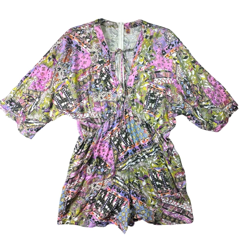 Sun-Dog Romper Patchwork Boho Festival V-Neck Tie Rayon Small Multi-Color Summer